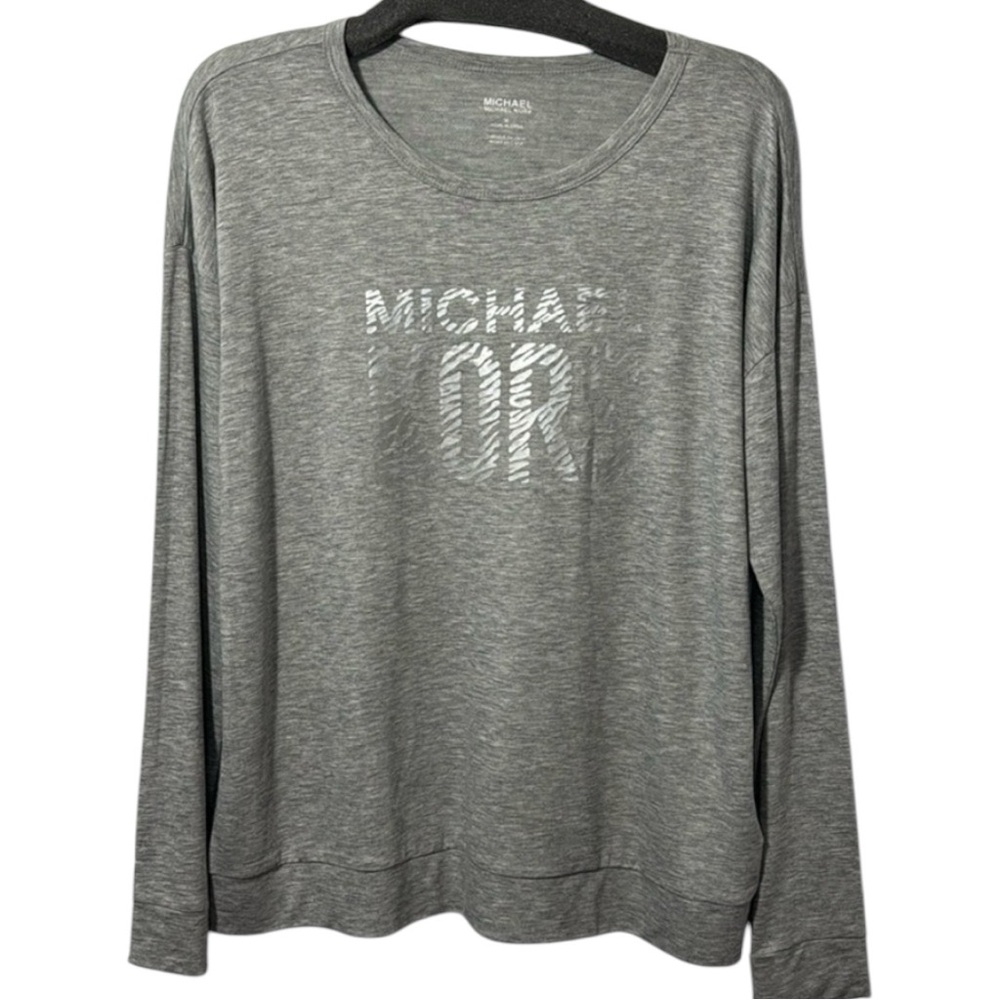 NWT Michael‎ KORS Heather Grey Long Sleeve Tee with Silver Logo in Size M